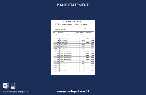 stile verificato Somali Salaam Estratto conto bancario somalo Modello Word e mod